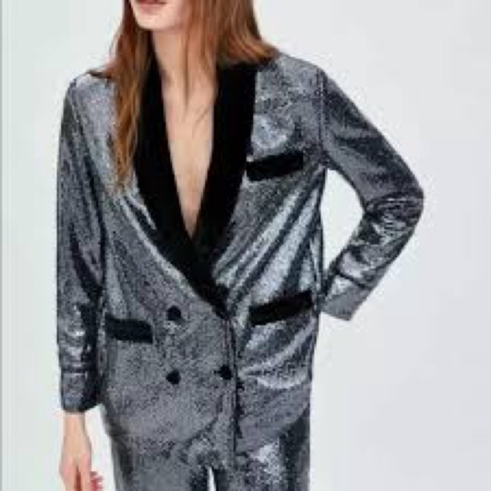 Zara Shimmering Silver Blazer with Black Trim